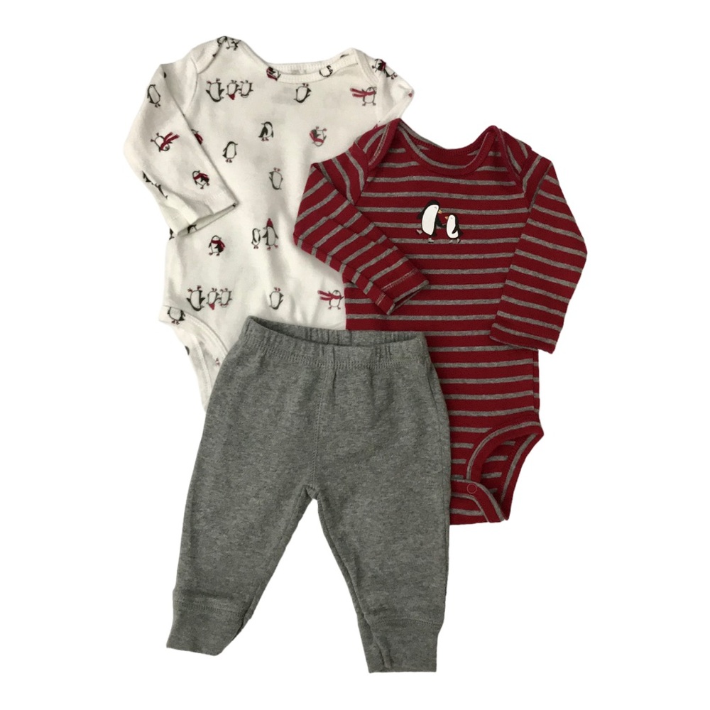Carter's Red and Gray Striped Penguin Bodysuit Set